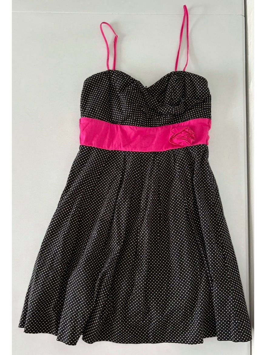 Speechless Black Pink Polka Dot Floral Belted Y2k Mini Cocktail Dress Size 5